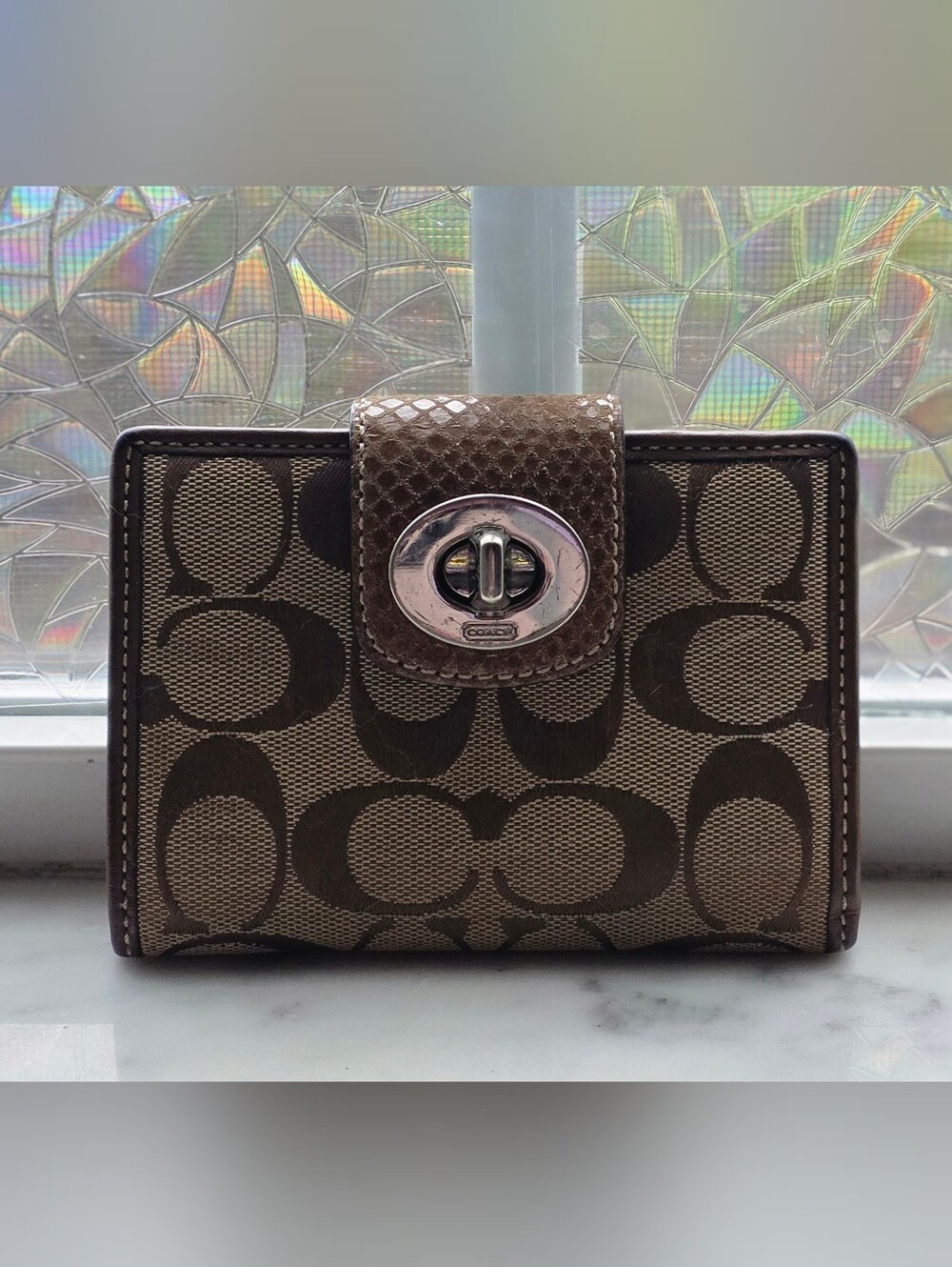 Coach Brown Signature Canvas Wallet with Turnlock Closure